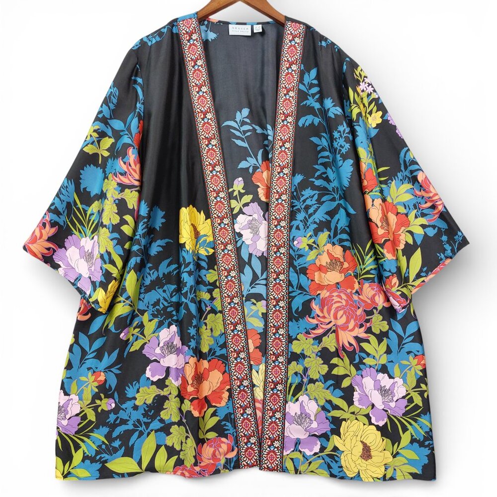 Susan Graver 3X Kimono Jacket Open Front Embroidered Edge Floral Satin Boho Plus
